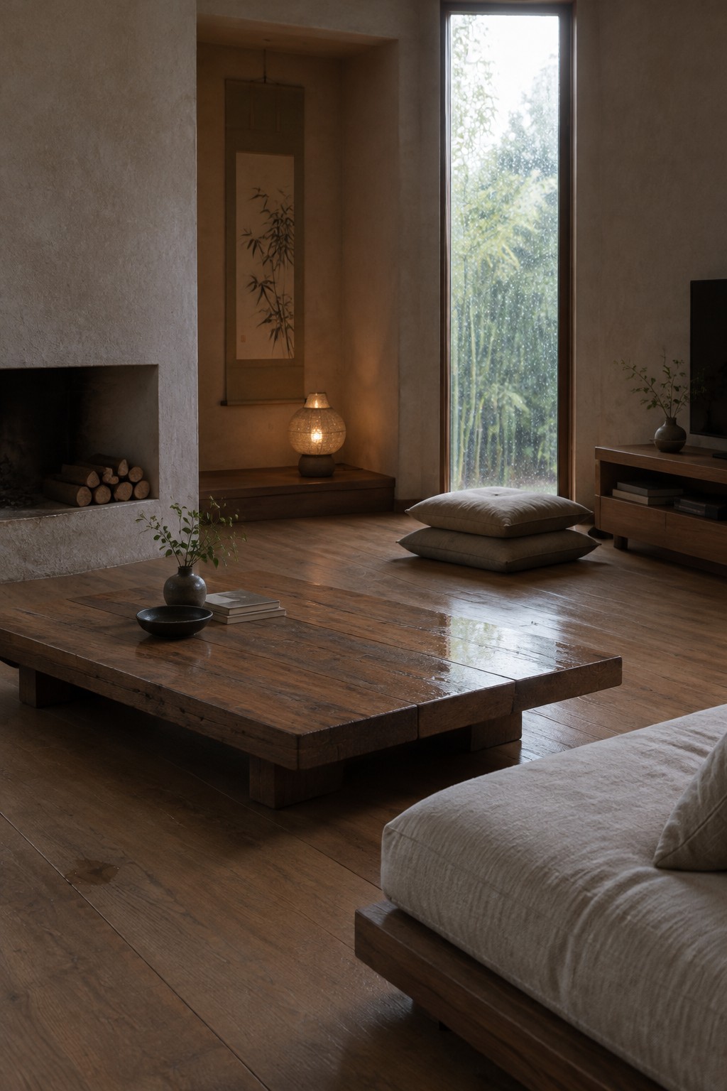 A low wooden coffee table sits in front of a cream sofa in a living room with floor cushions, a fireplace, and a tall window.