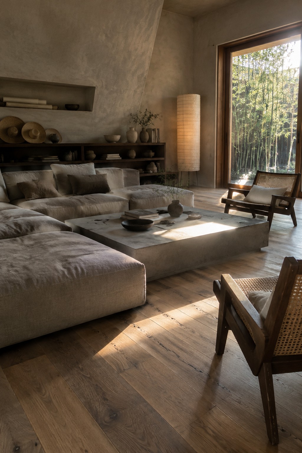 A low concrete coffee table sits in front of a beige sectional sofa in a living room.