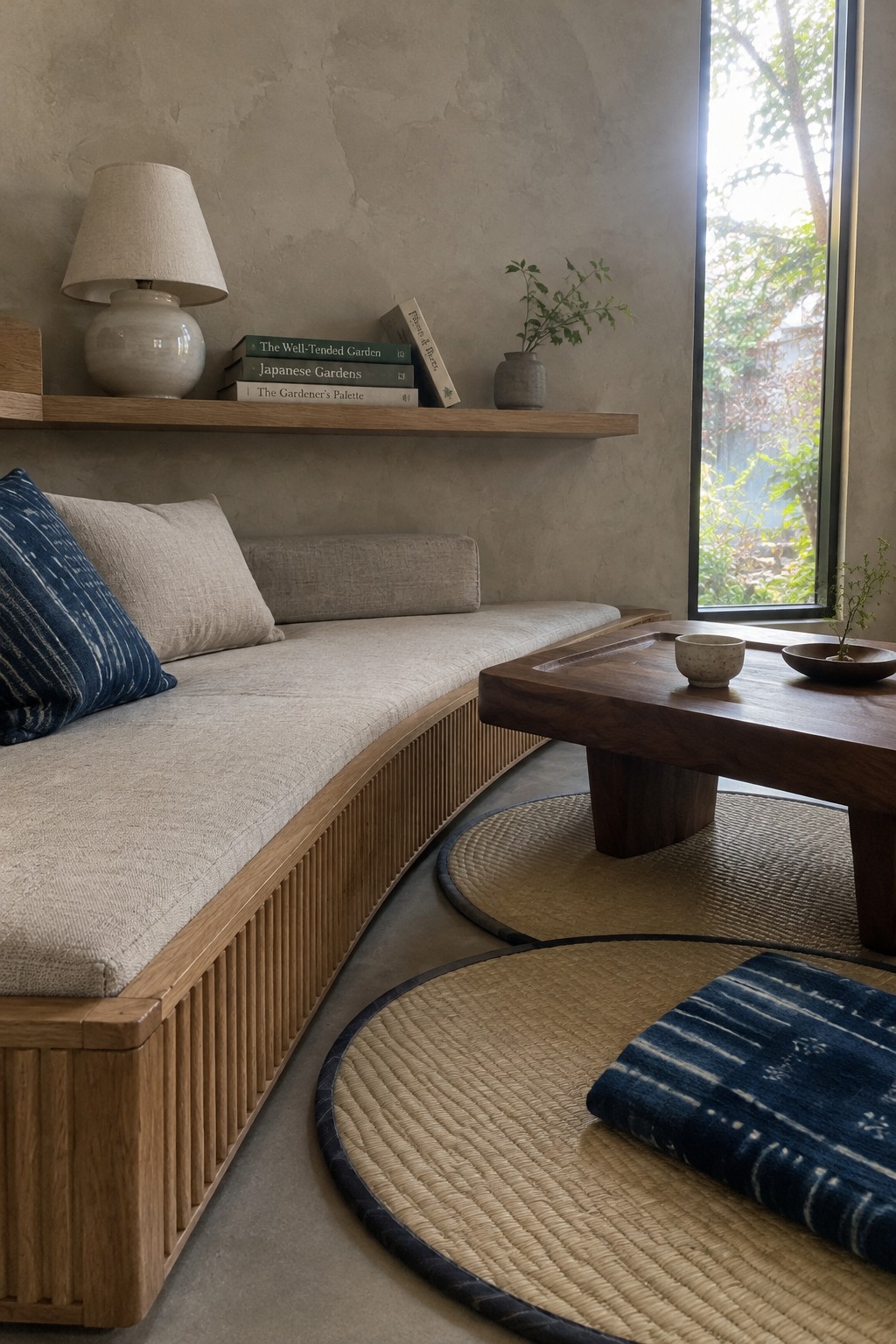 A low wooden sofa with beige cushions sits beside a dark wood coffee table and round woven mats.
