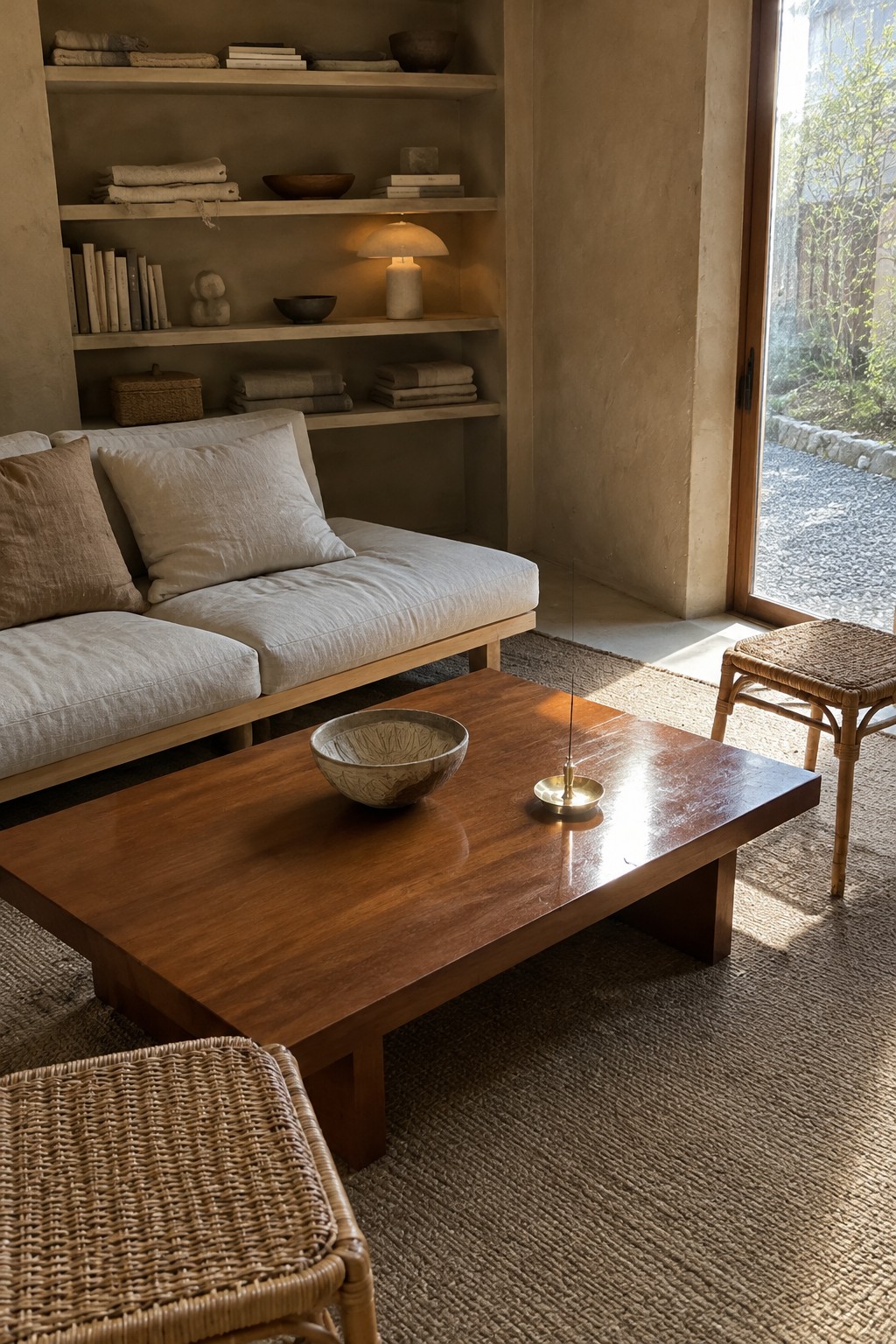 A low cream sofa faces a wooden coffee table in a living room with built-in shelves, woven stools, and a glass door.