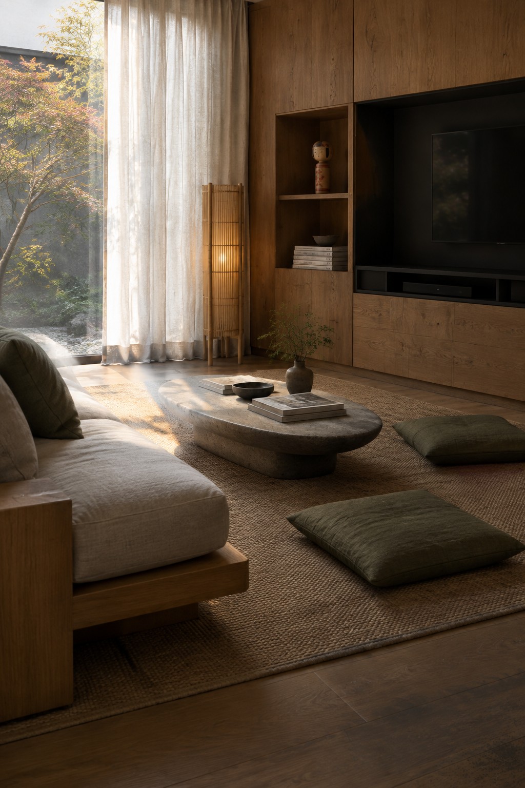 A low sofa and stone coffee table sit in front of a wood built-in media wall with open shelves.