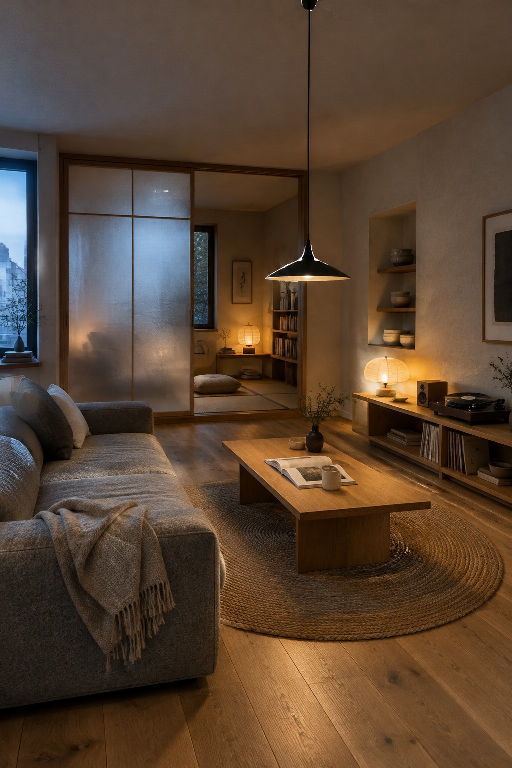A Japandi living room with a gray sofa, low wooden coffee table, and translucent sliding screens separating a small room.