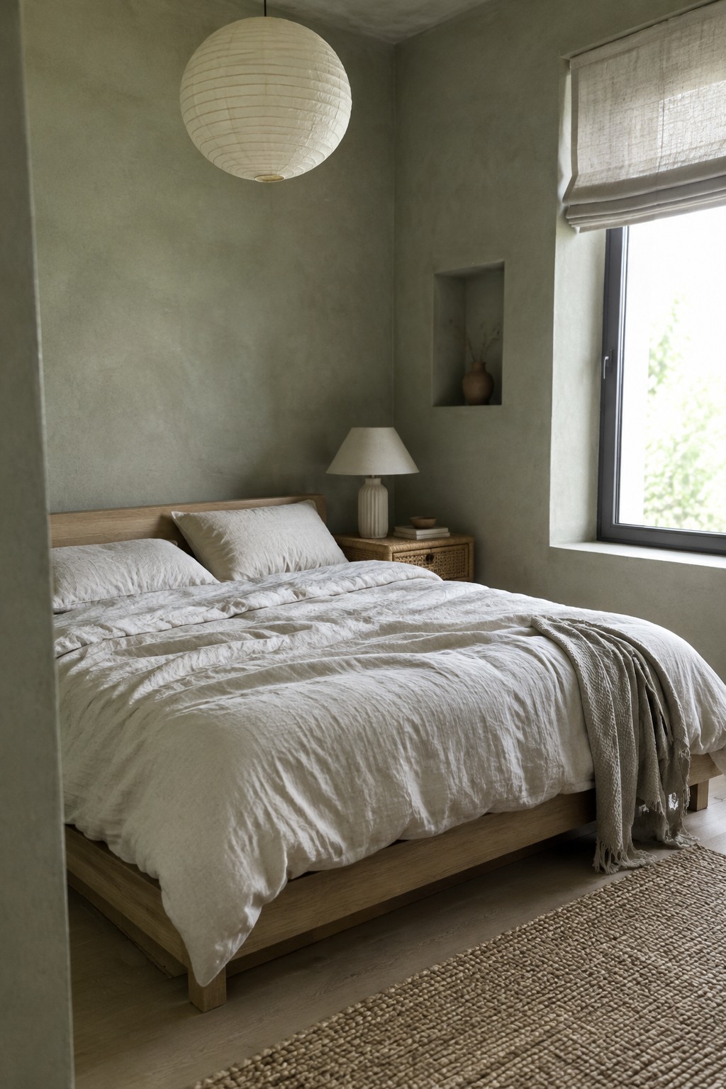 Muted sage limewash walls in a bedroom with a warm wood bed.