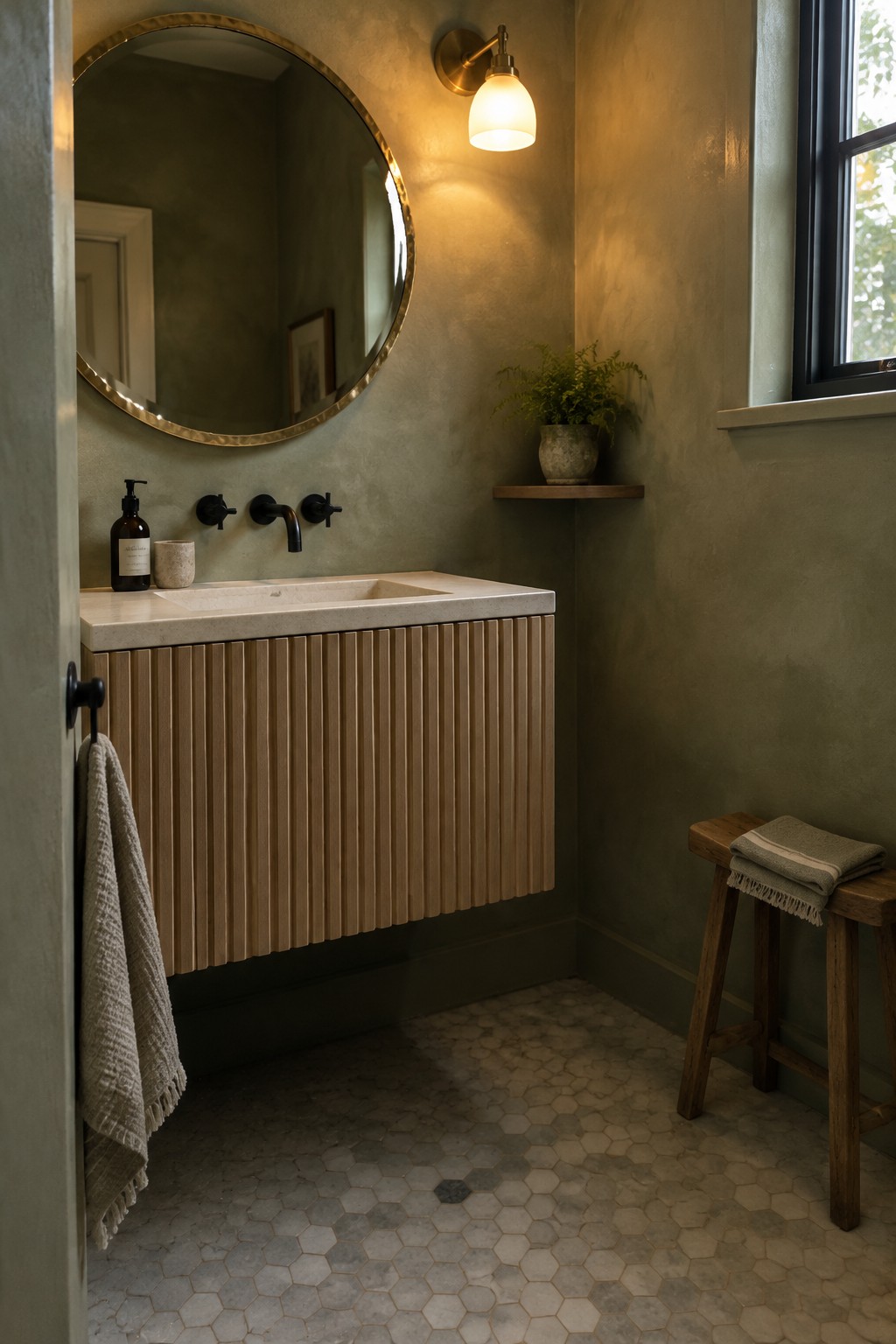 Muted olive limewash walls in a small bathroom with a fluted wood vanity.