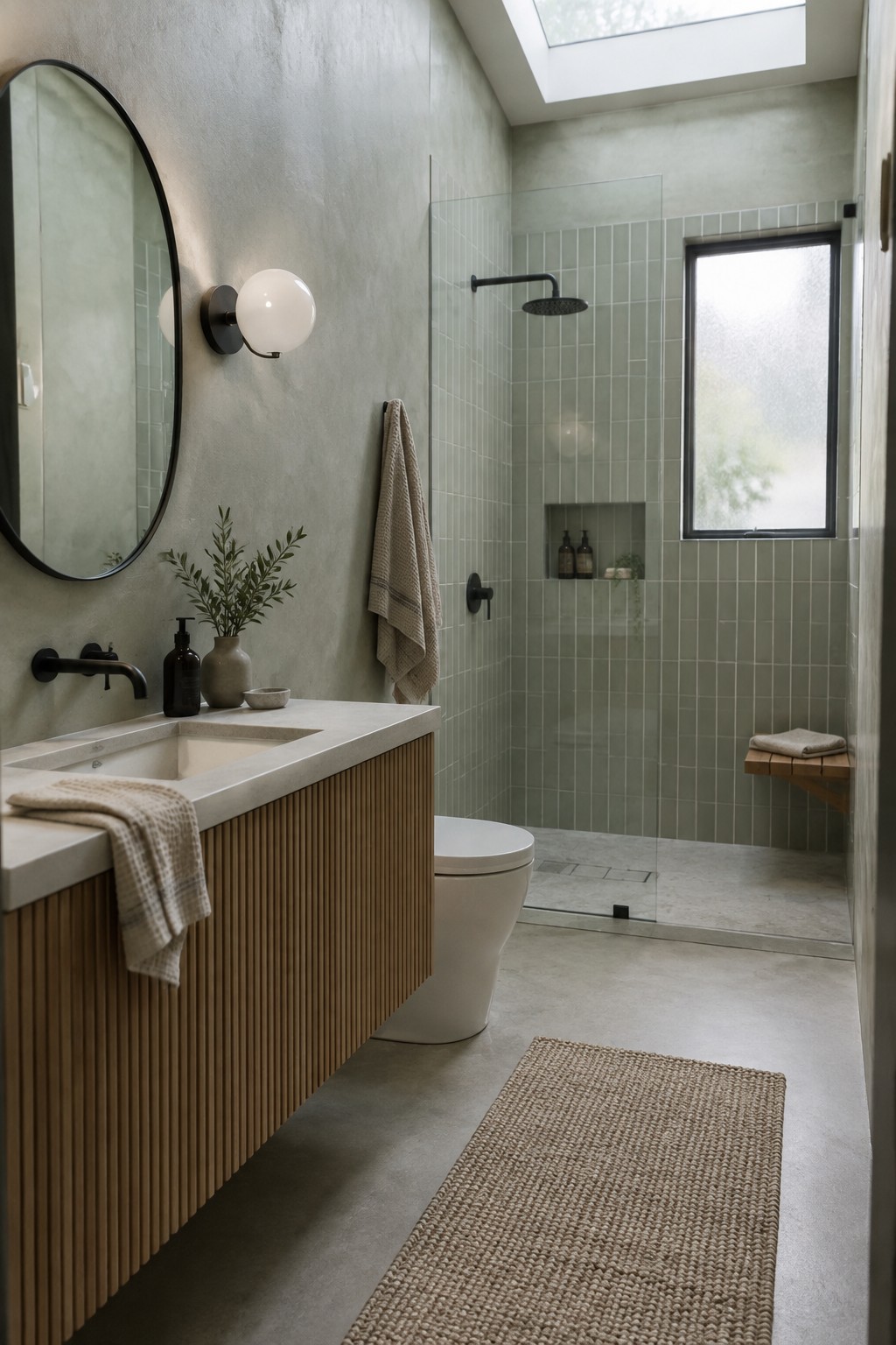 Pale green bathroom tile sits beside a warm wood vanity and limewashed walls.