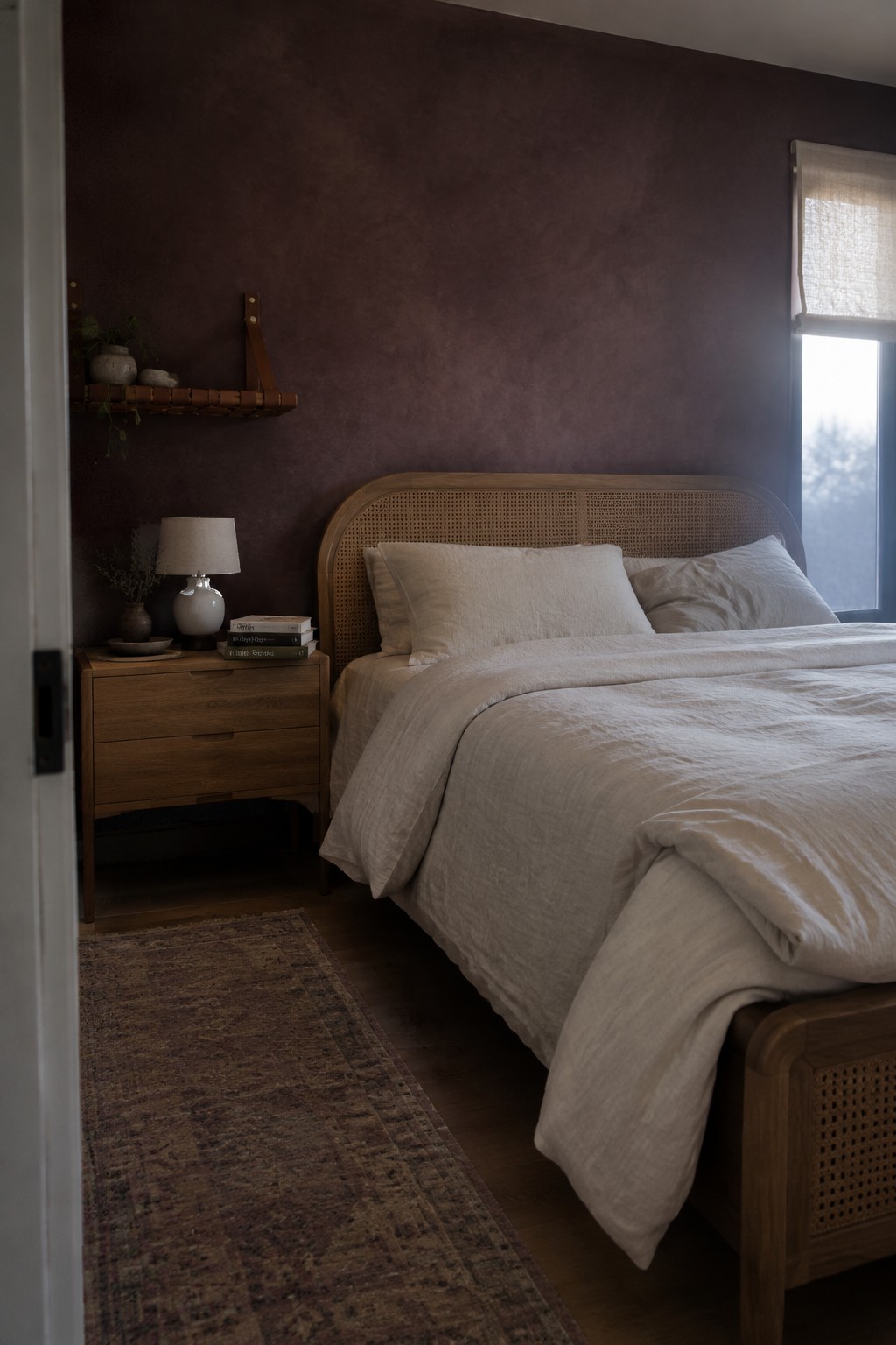 Plum-brown limewash bedroom wall behind a cane bed.