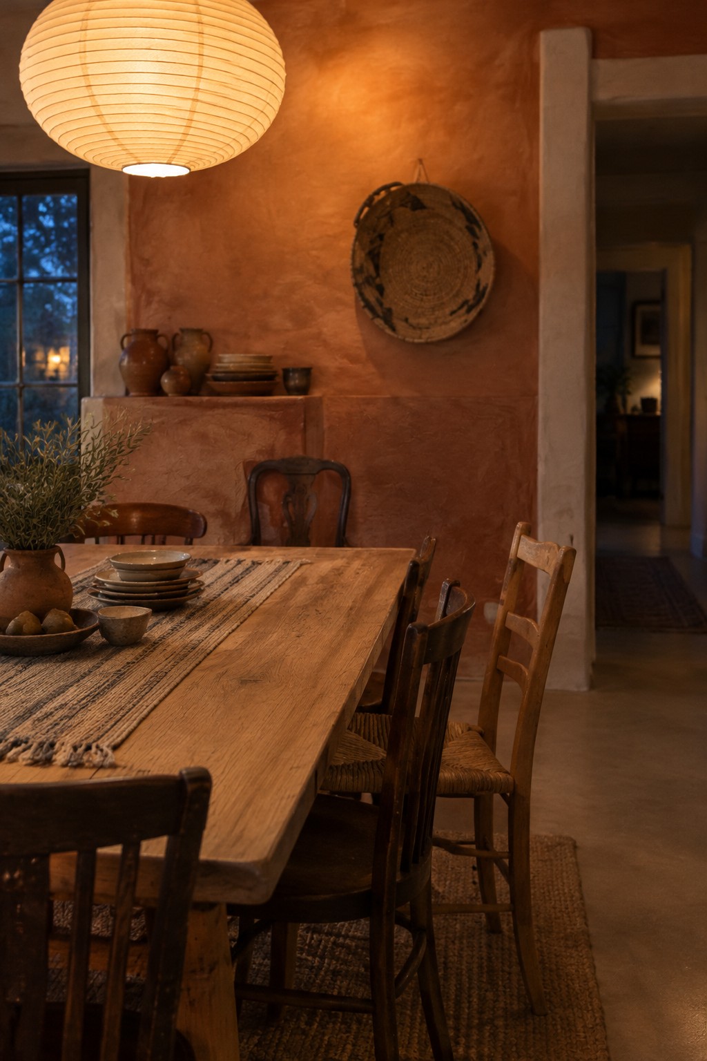 Terracotta limewash walls in a dining room with dark wood furniture.