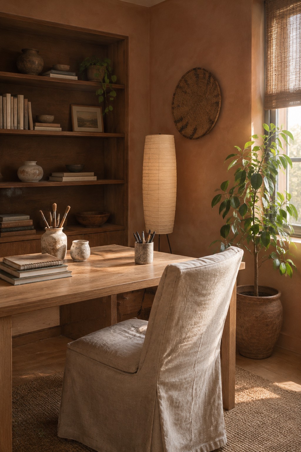 Terracotta-brown limewash walls beside dark wood shelving in a Japandi-style study.