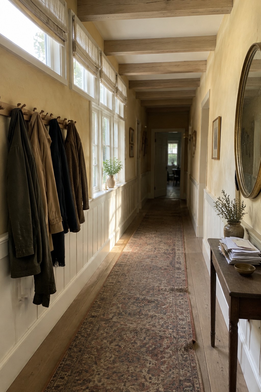 Warm ochre limewashed walls in a narrow hallway with wood beams and a long patterned runner.