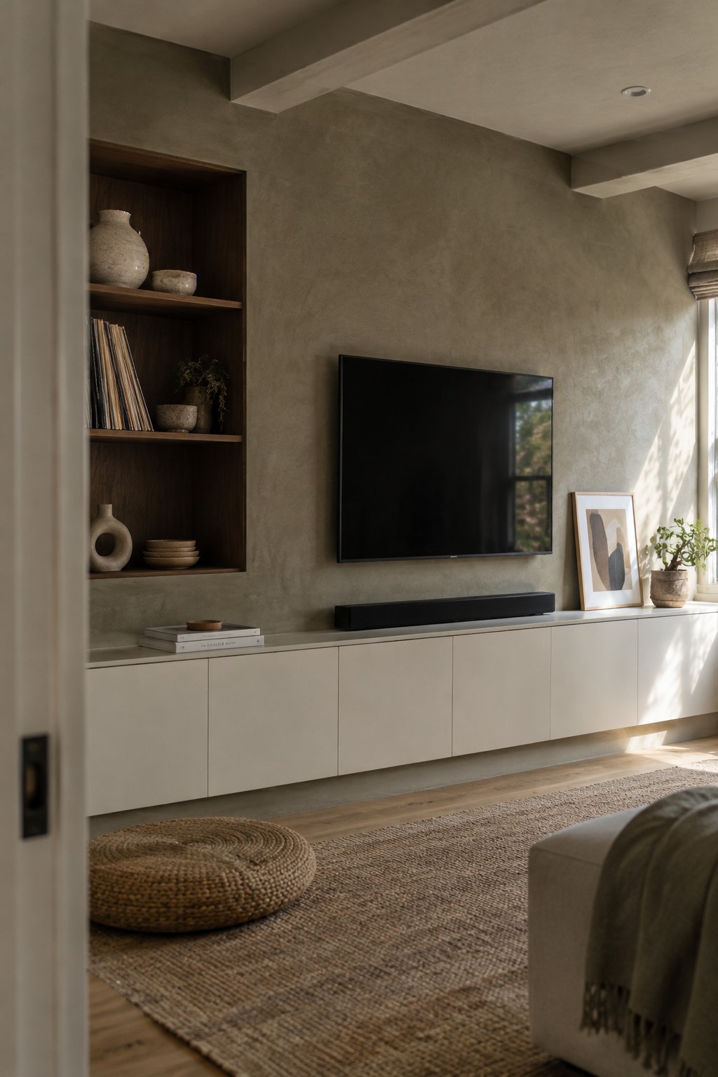 Warm taupe limewash walls beside dark wood shelving in a Japandi living room.