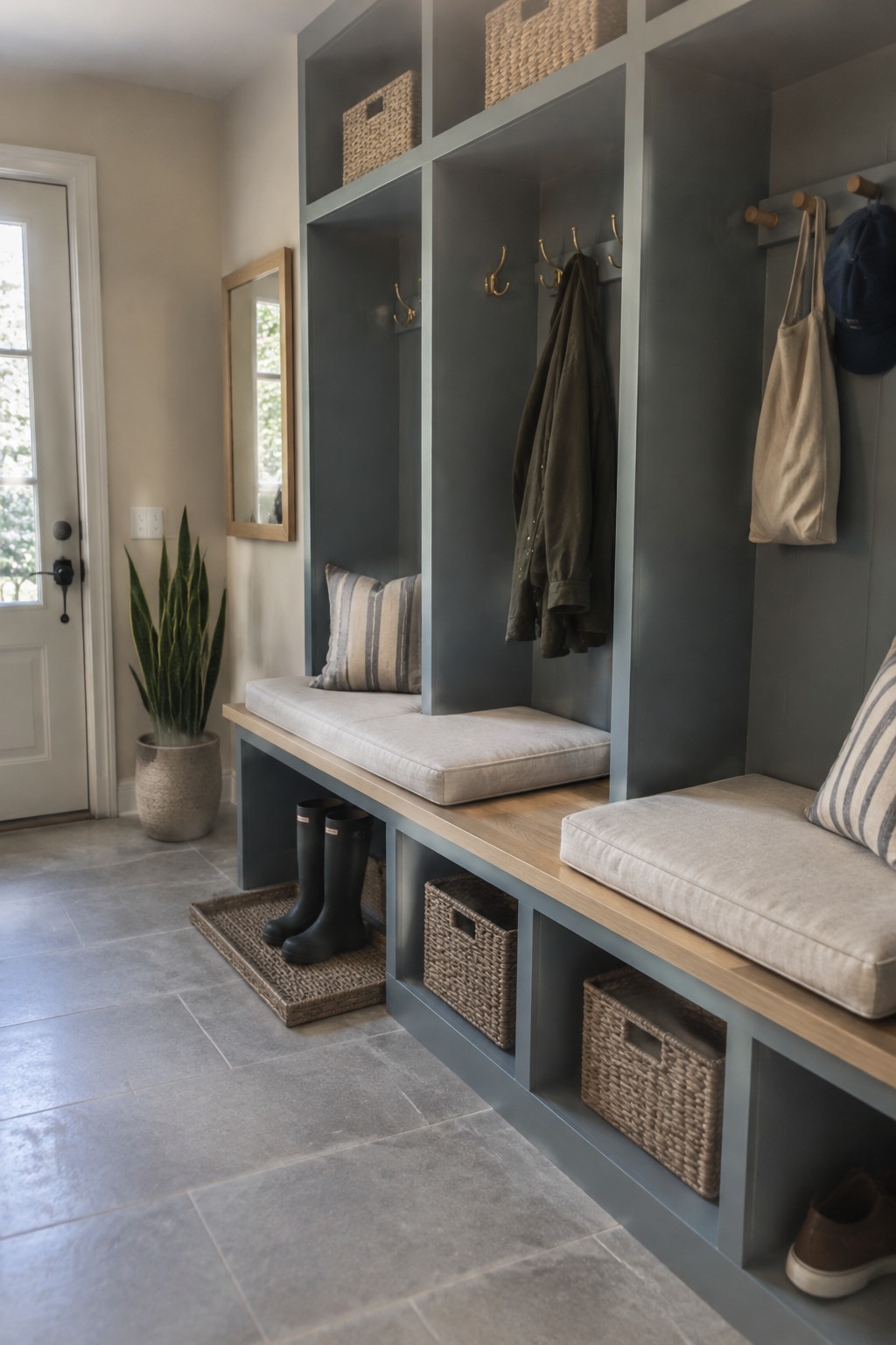 Muted blue-gray mudroom built-ins surround a bench with a warm wood top.