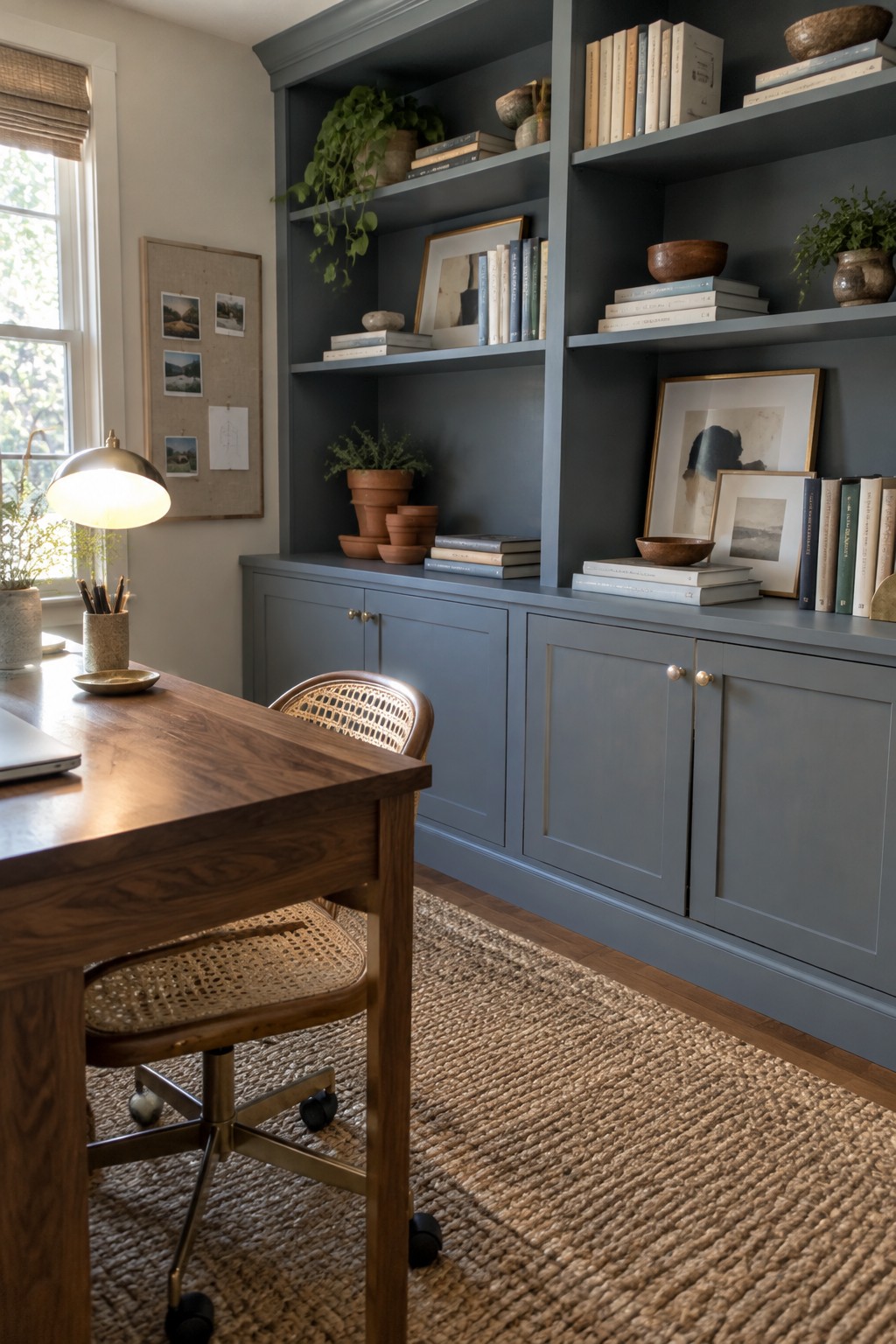 Muted blue-gray built-in shelves and cabinets beside a warm wood desk in a home office.