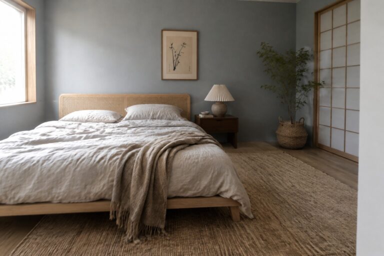 Muted blue-gray bedroom walls beside a warm wood bed frame.