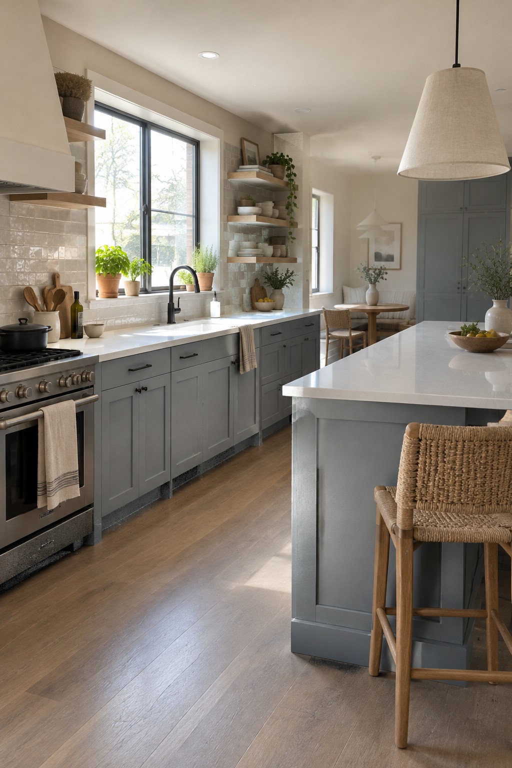 Muted blue-gray kitchen cabinets paired with warm wood flooring and white counters.