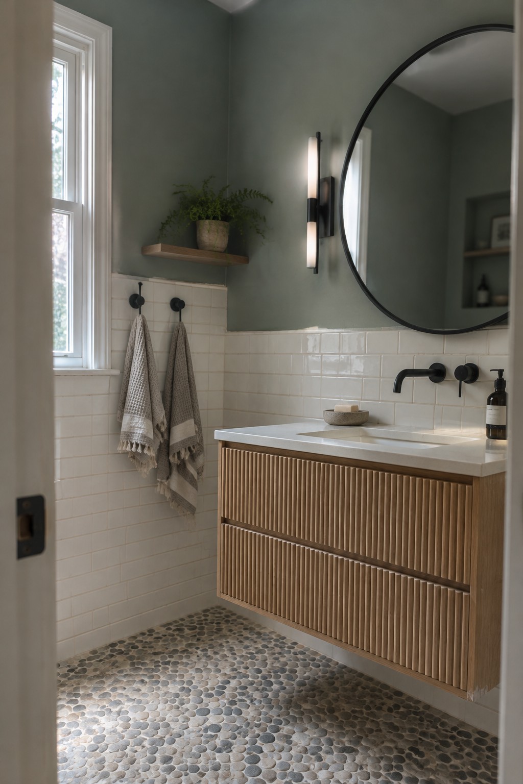 Muted blue-gray bathroom walls above white tile beside a warm wood vanity.