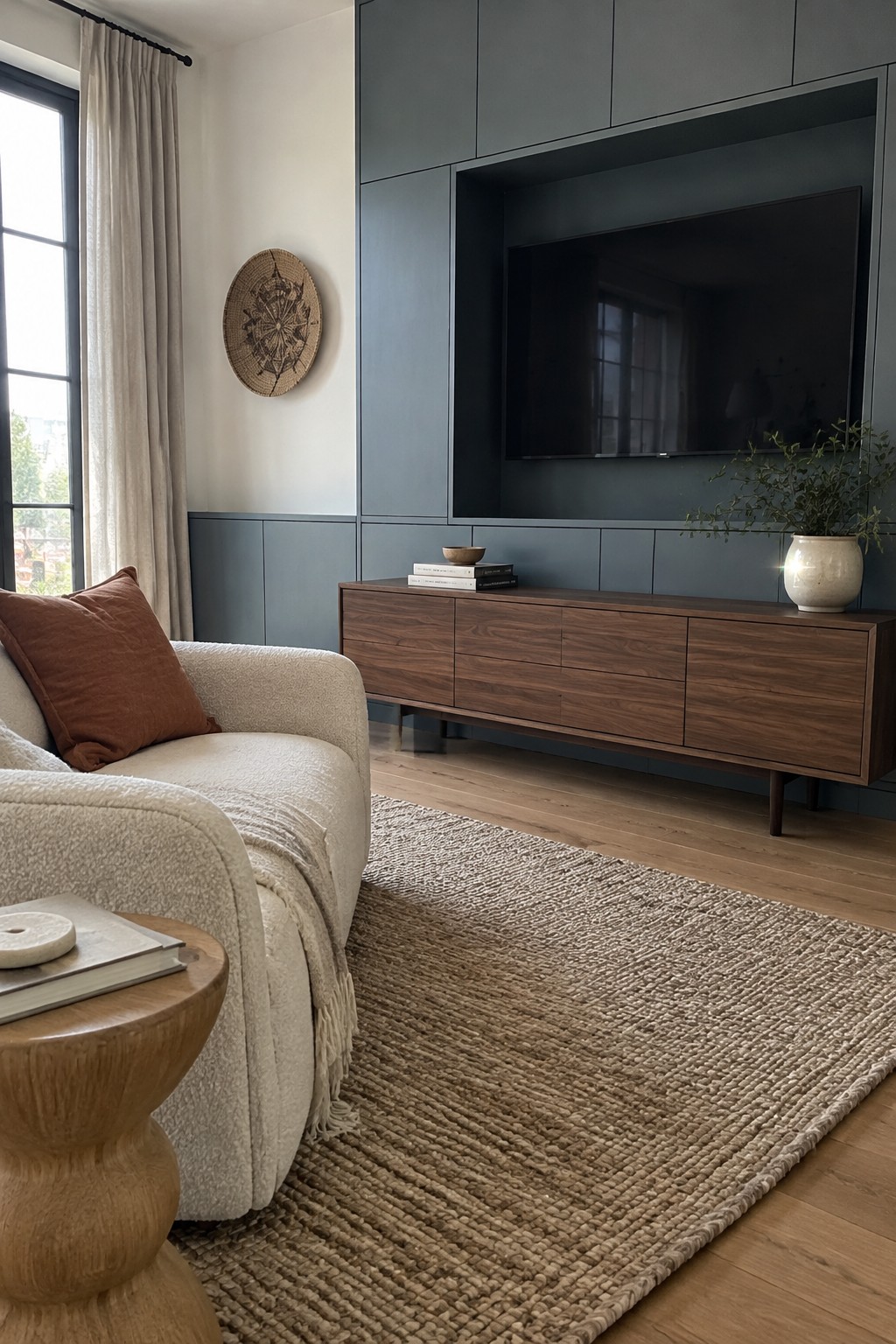Muted blue-gray paint covers a living room media wall around a television.