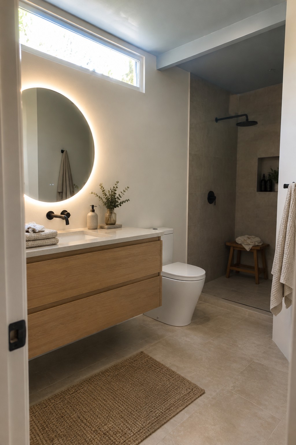 A bathroom with a muted blue-gray wall, oak vanity, and walk-in shower.