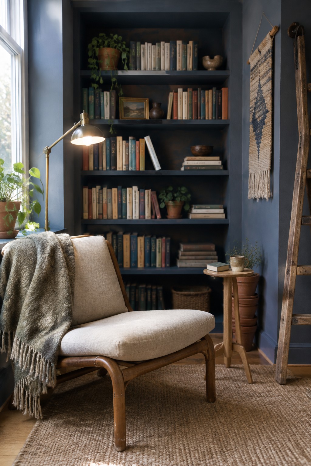 Muted blue-gray paint covers the walls and built-in bookcase in a cozy reading nook.