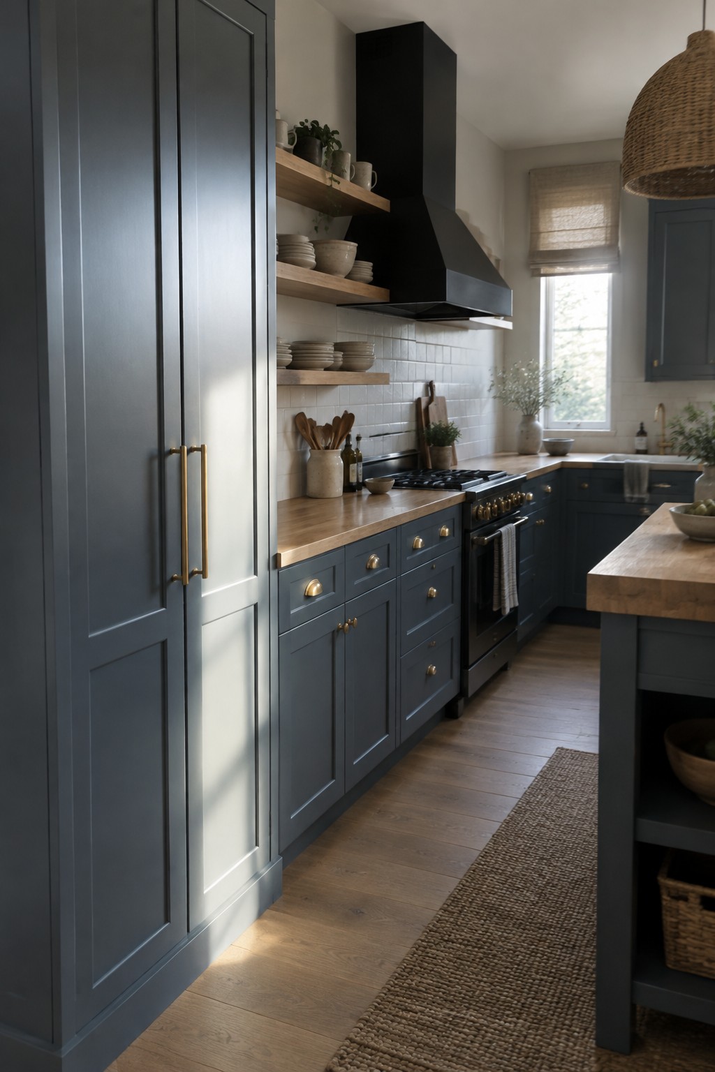 Muted blue-gray kitchen cabinets paired with warm wood counters and white tile.
