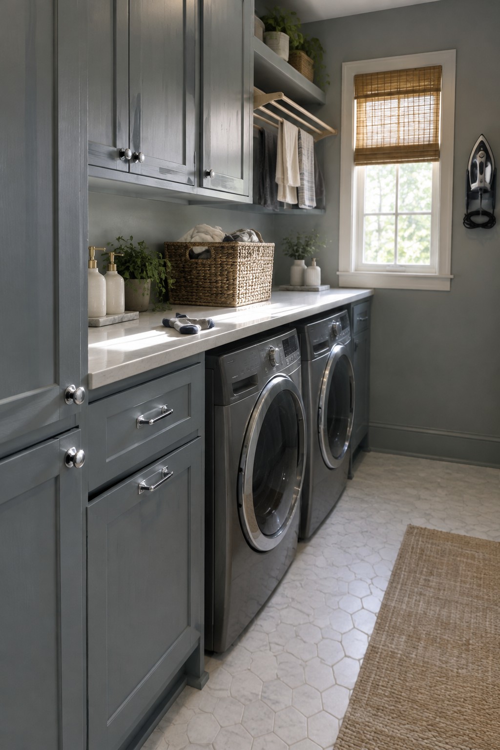 Muted blue-gray cabinets frame a washer and dryer beneath a white stone counter in a laundry room.