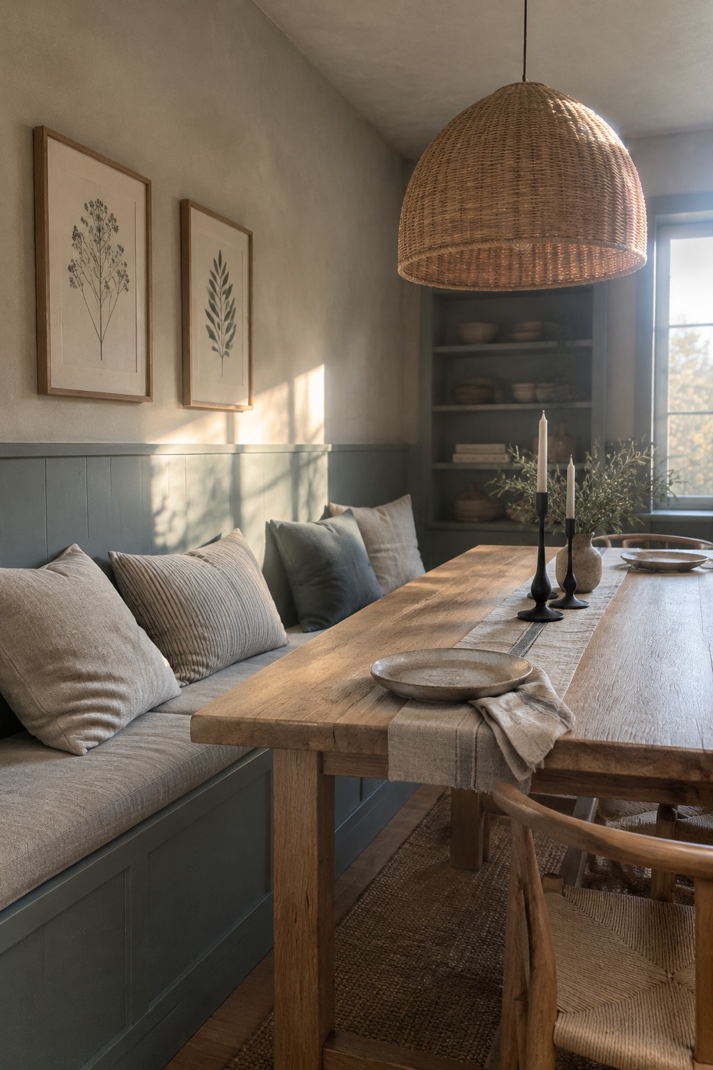 Muted blue-gray wainscoting in a dining nook beside a warm oak table.