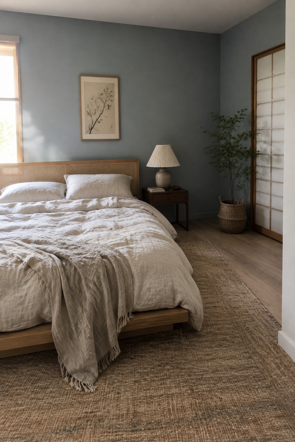 Muted blue-gray bedroom walls beside a warm wood bed frame.