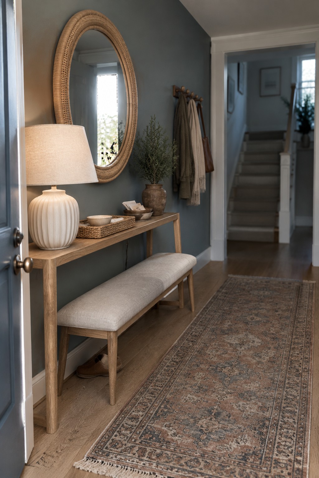 Muted blue-gray walls in an entry hallway with warm oak flooring.