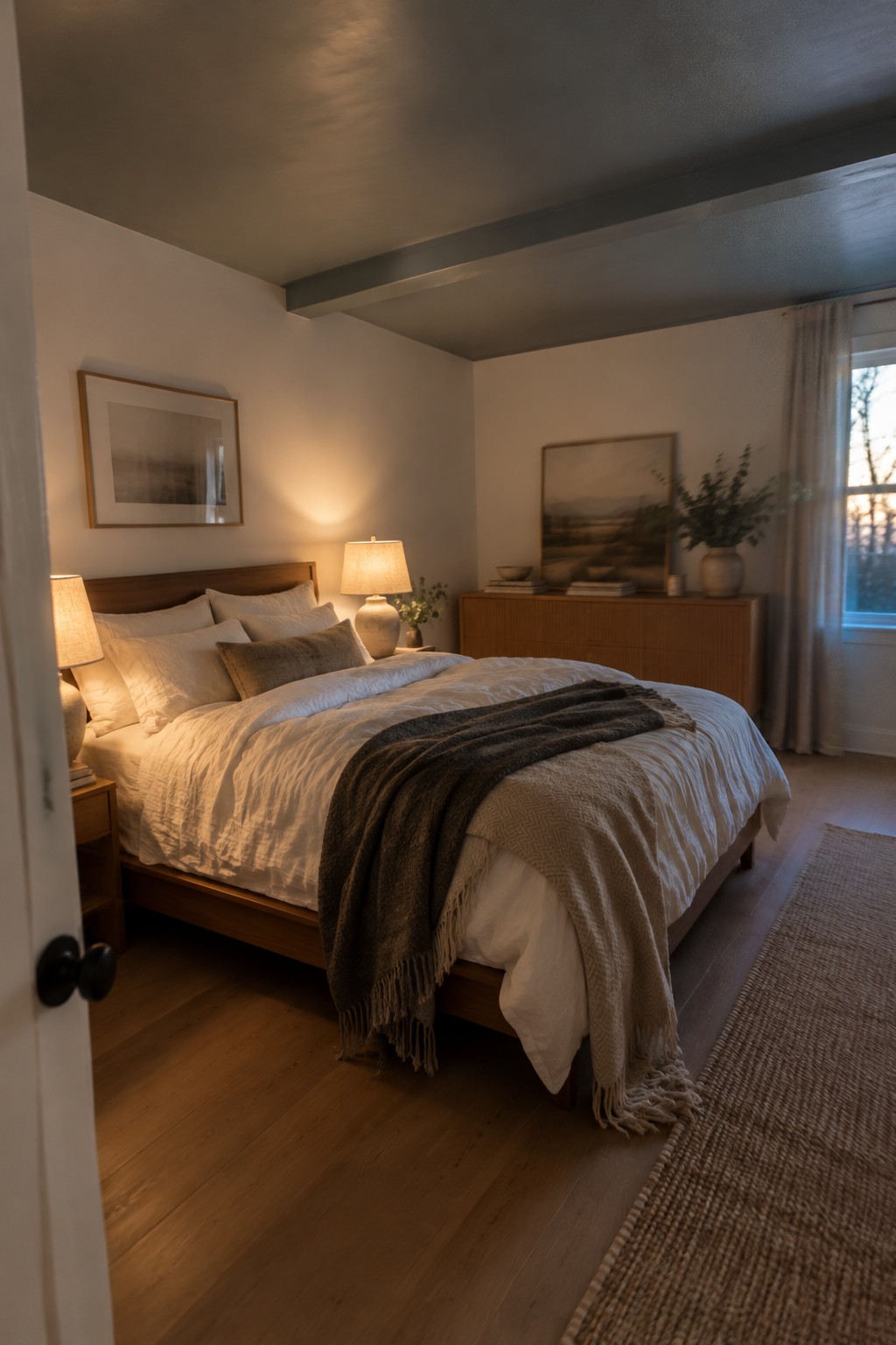 A bedroom with muted blue-gray walls and warm wood flooring.