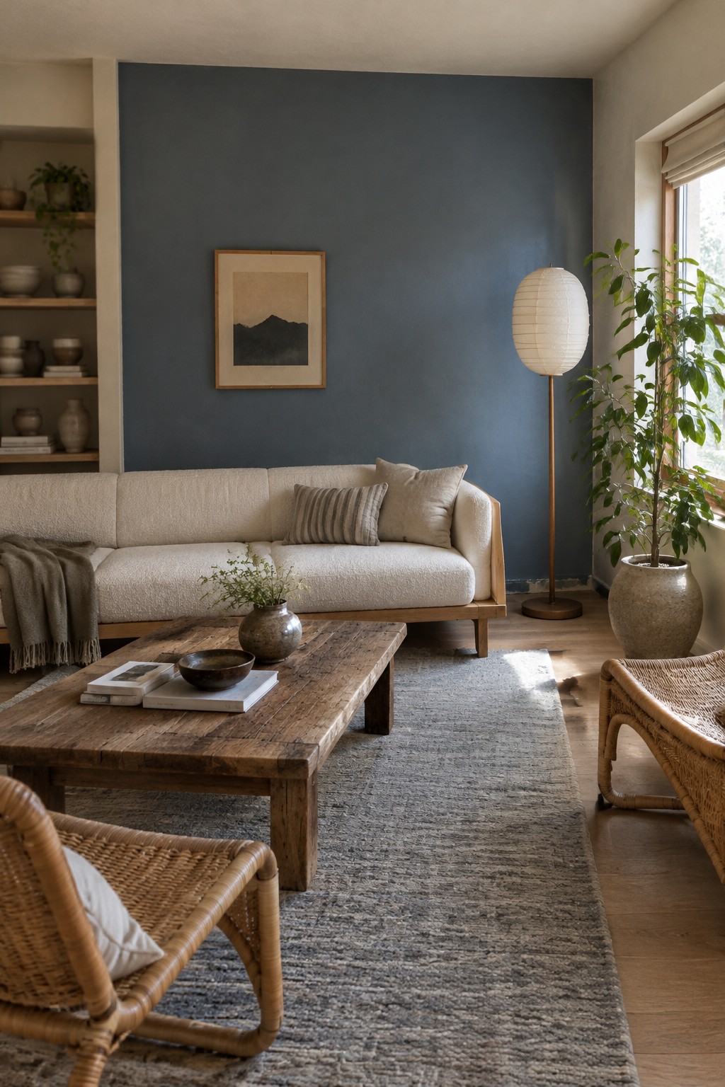 Muted blue living room wall behind a cream sofa and warm wood furniture.