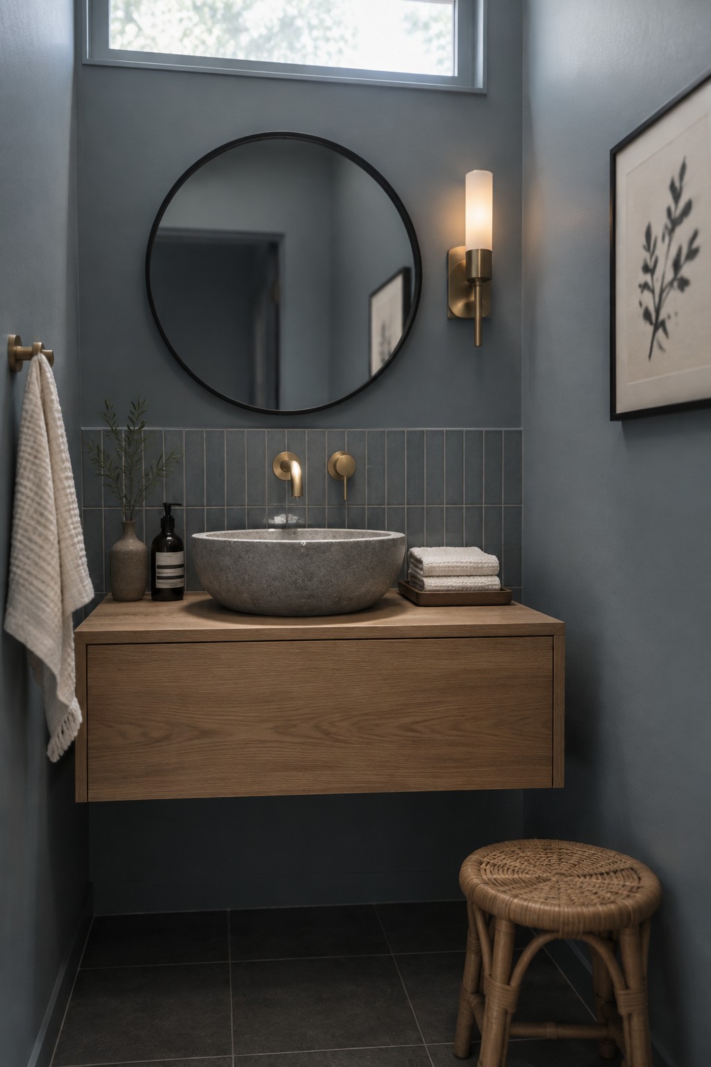 Muted blue-gray painted walls above charcoal floor tile in a small bathroom.