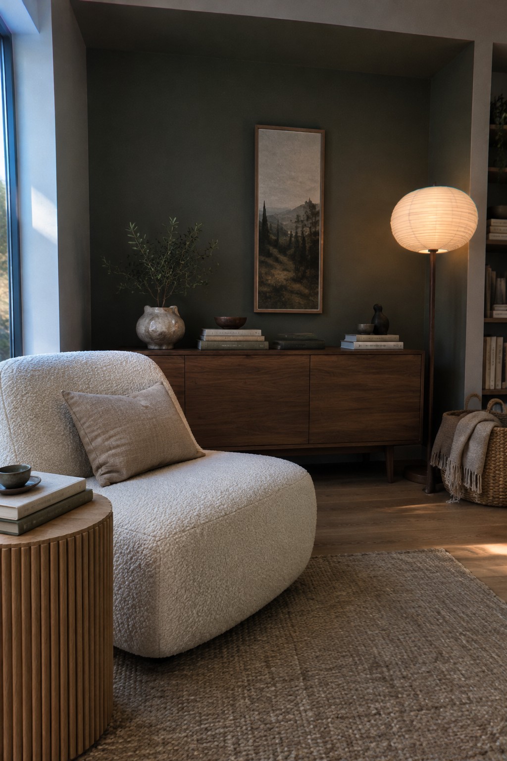 Deep olive-green walls behind a walnut sideboard in a living room.