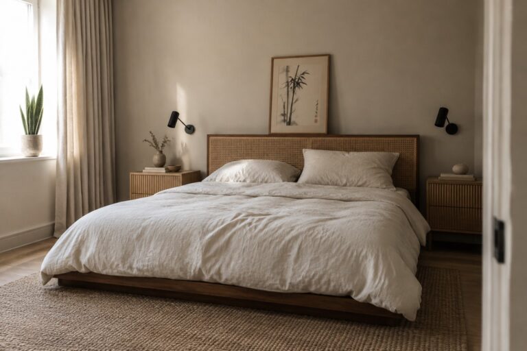 Warm greige bedroom walls beside a dark wood bed.