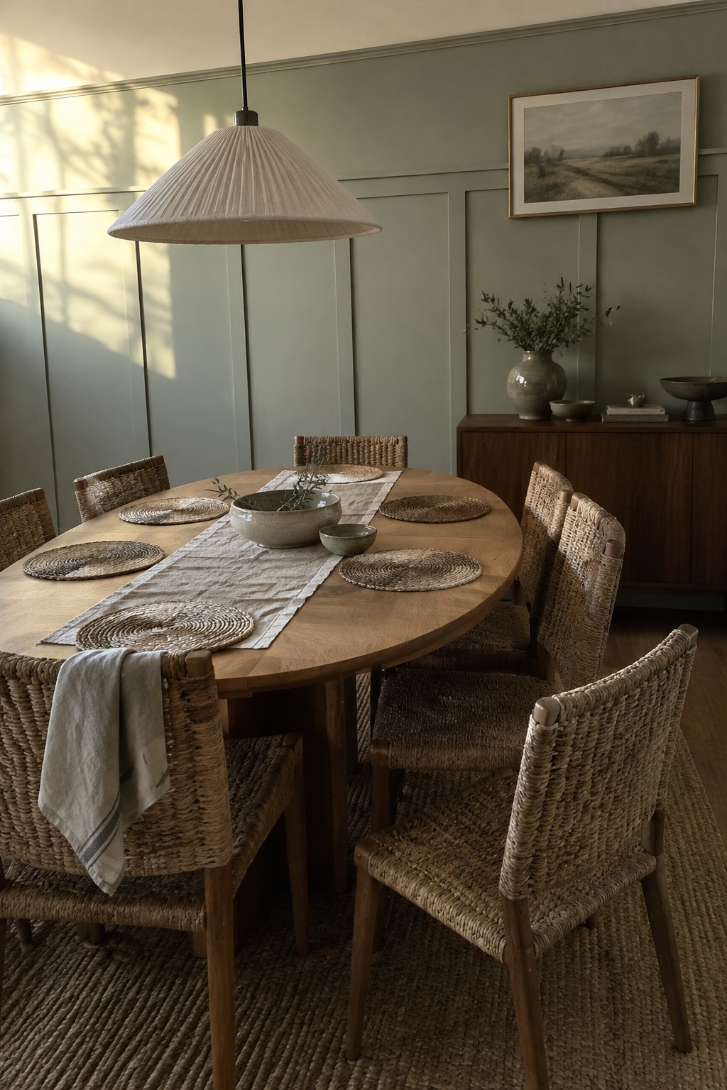 Muted gray-green paneled dining room walls paired with a warm wood table.
