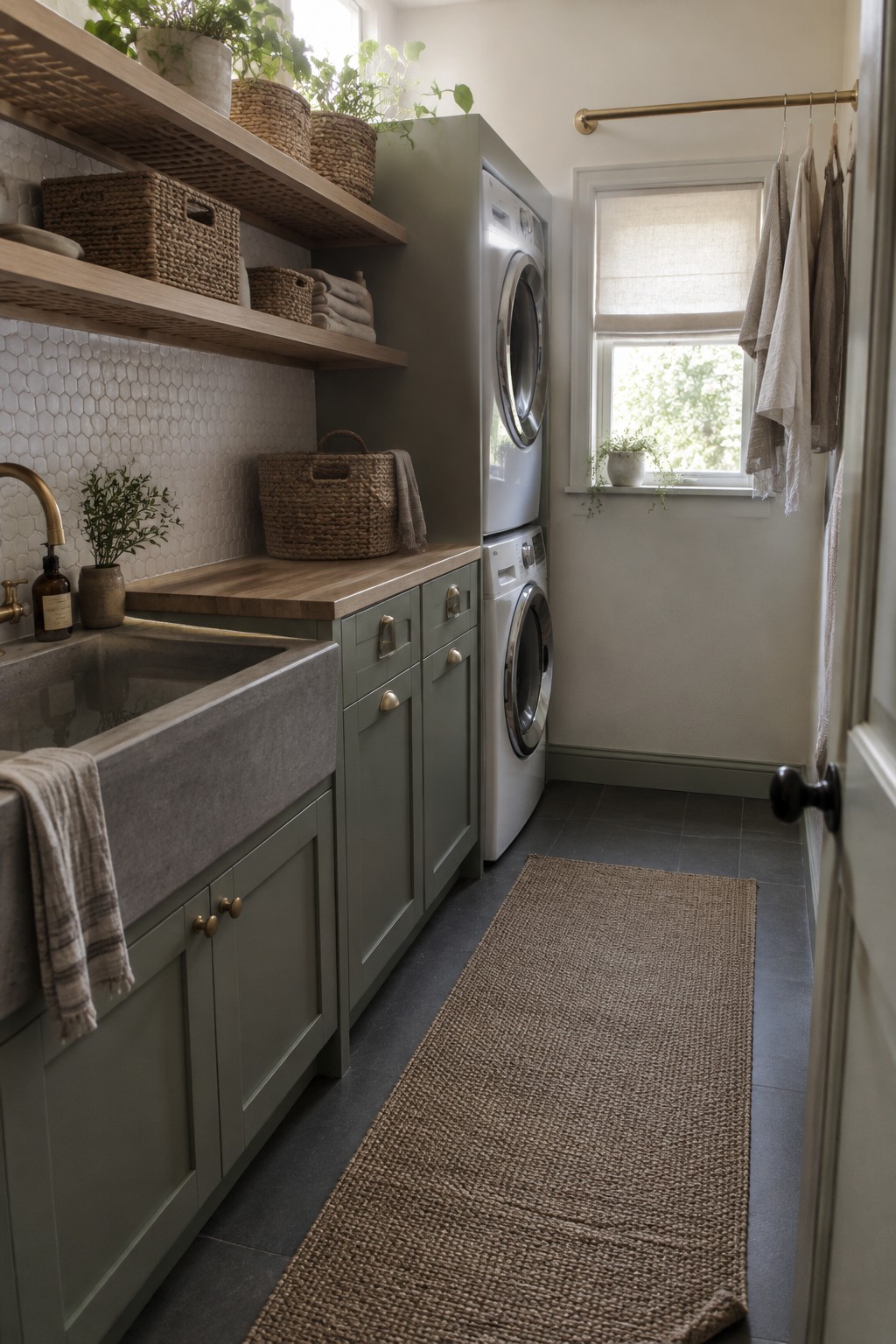 Muted sage green laundry-room cabinets beside white hex tile and a wood countertop.