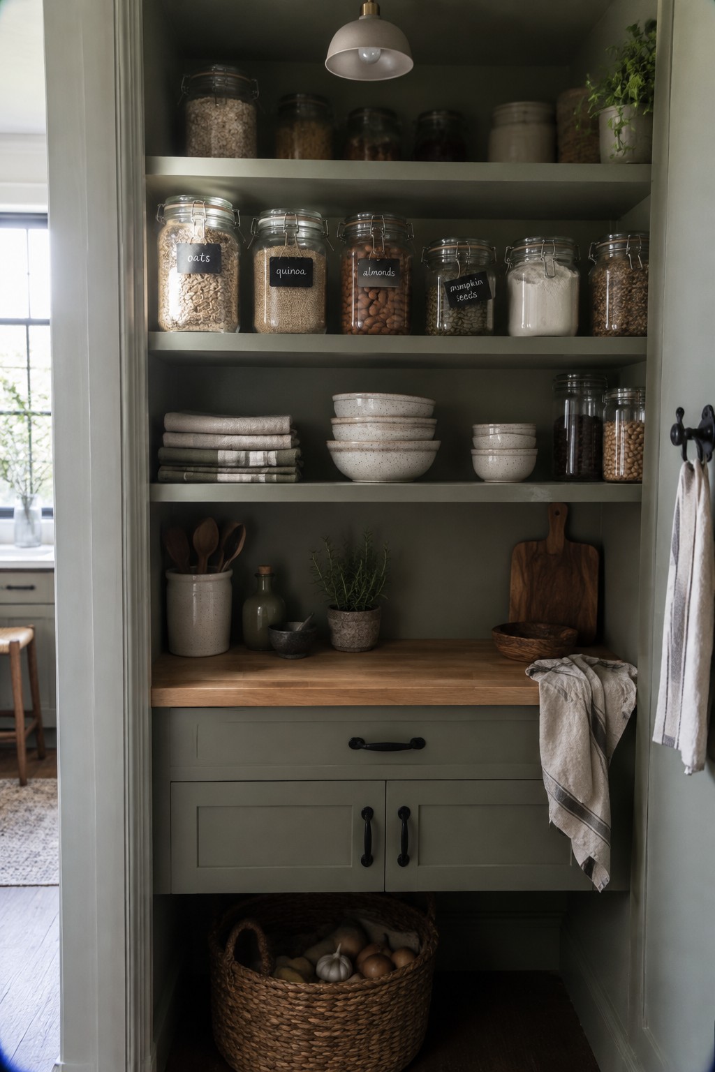 Muted olive-green pantry shelves and cabinetry with a natural wood counter.