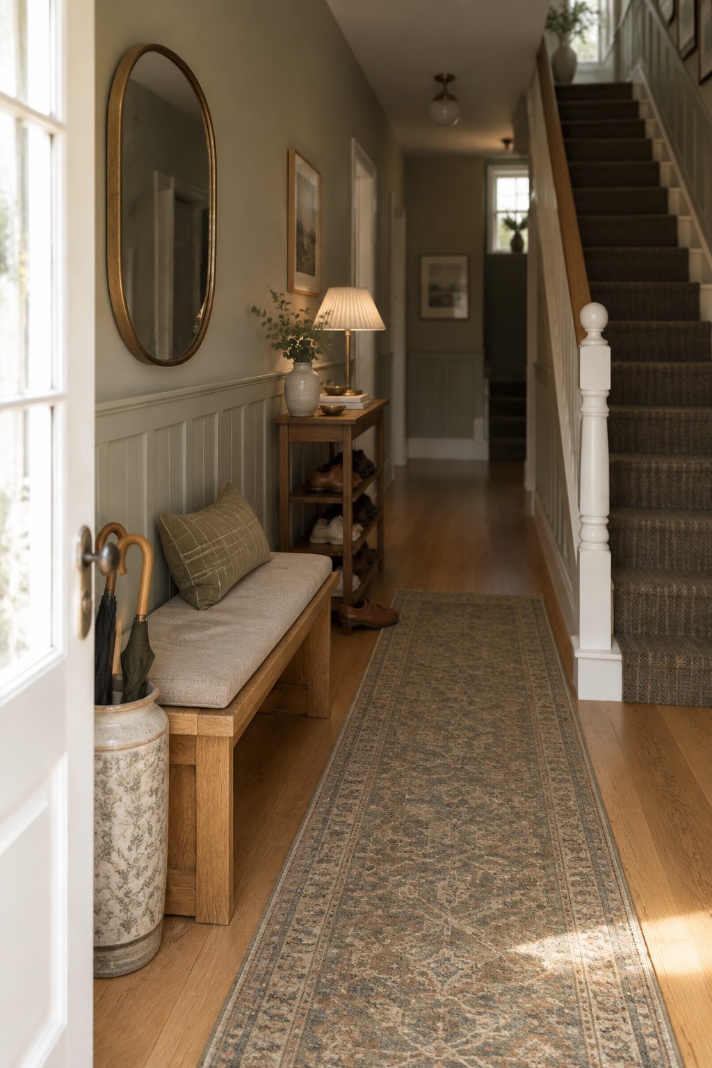 Muted sage-green paneling in a narrow entry hall with a warm wood floor.