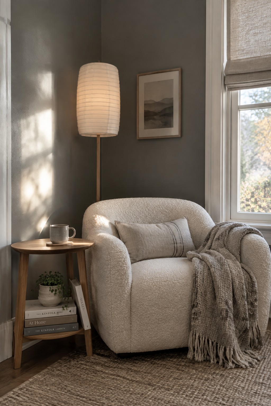 A warm gray painted wall behind a cream reading chair beside a window.