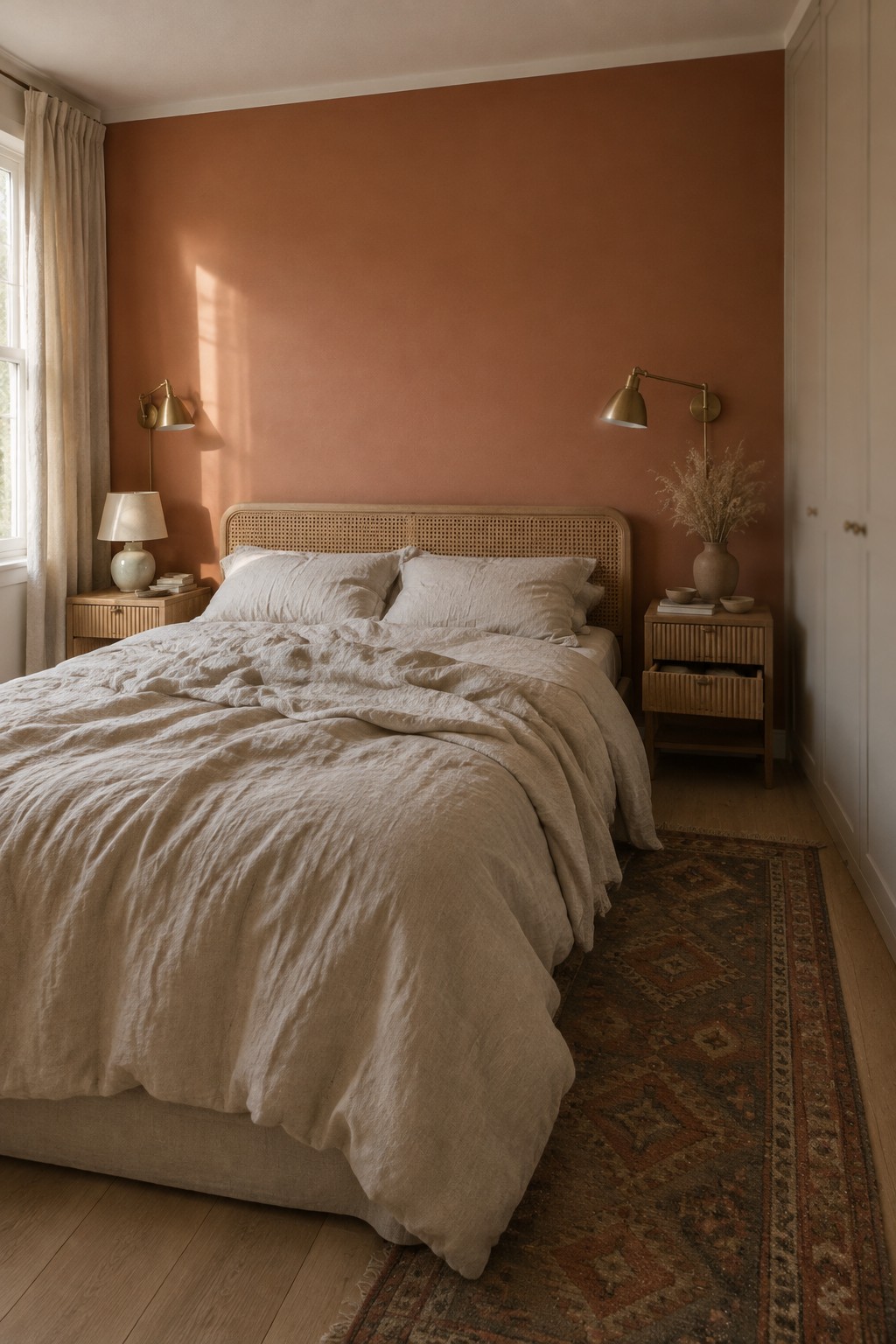 Muted terracotta bedroom wall behind a cane headboard.