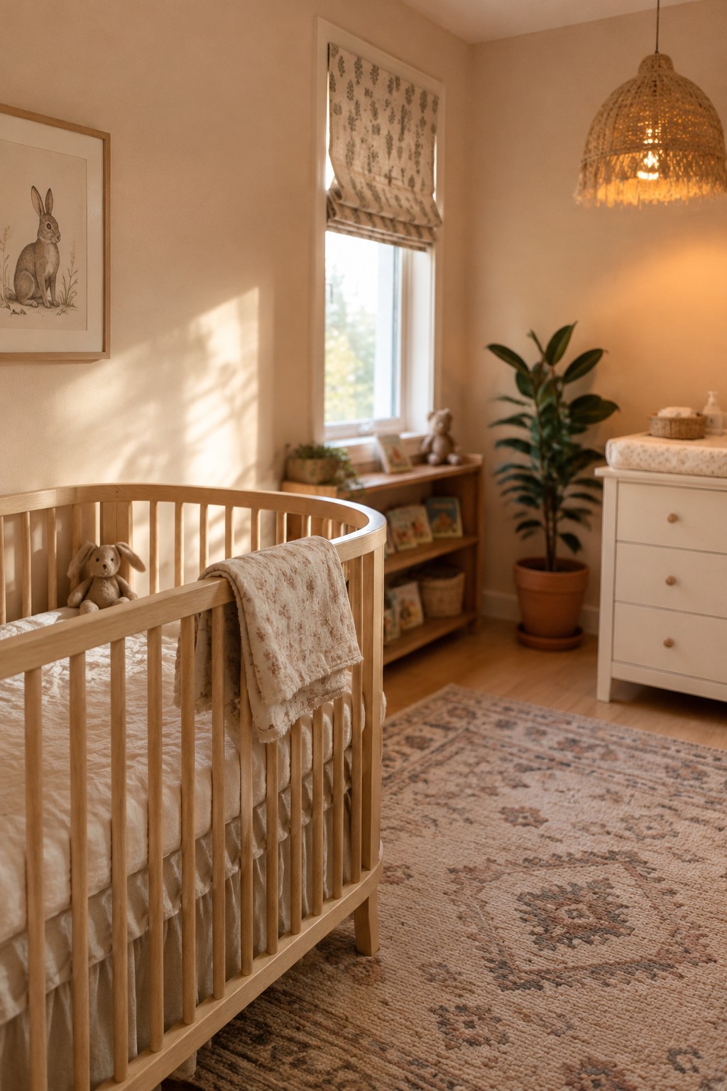 Warm cream walls in a nursery with a natural oak crib.