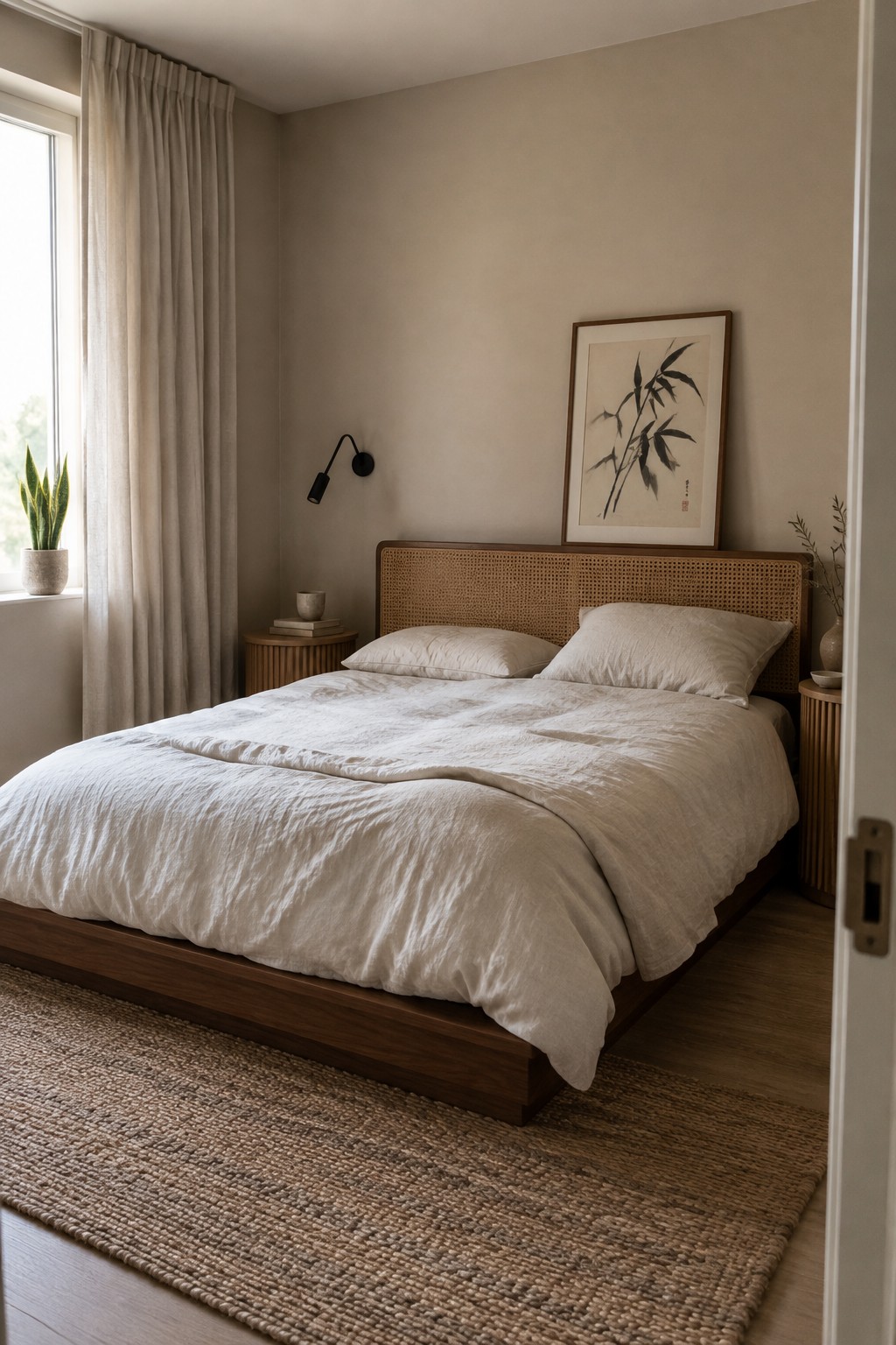 Warm greige bedroom walls beside a dark wood bed.