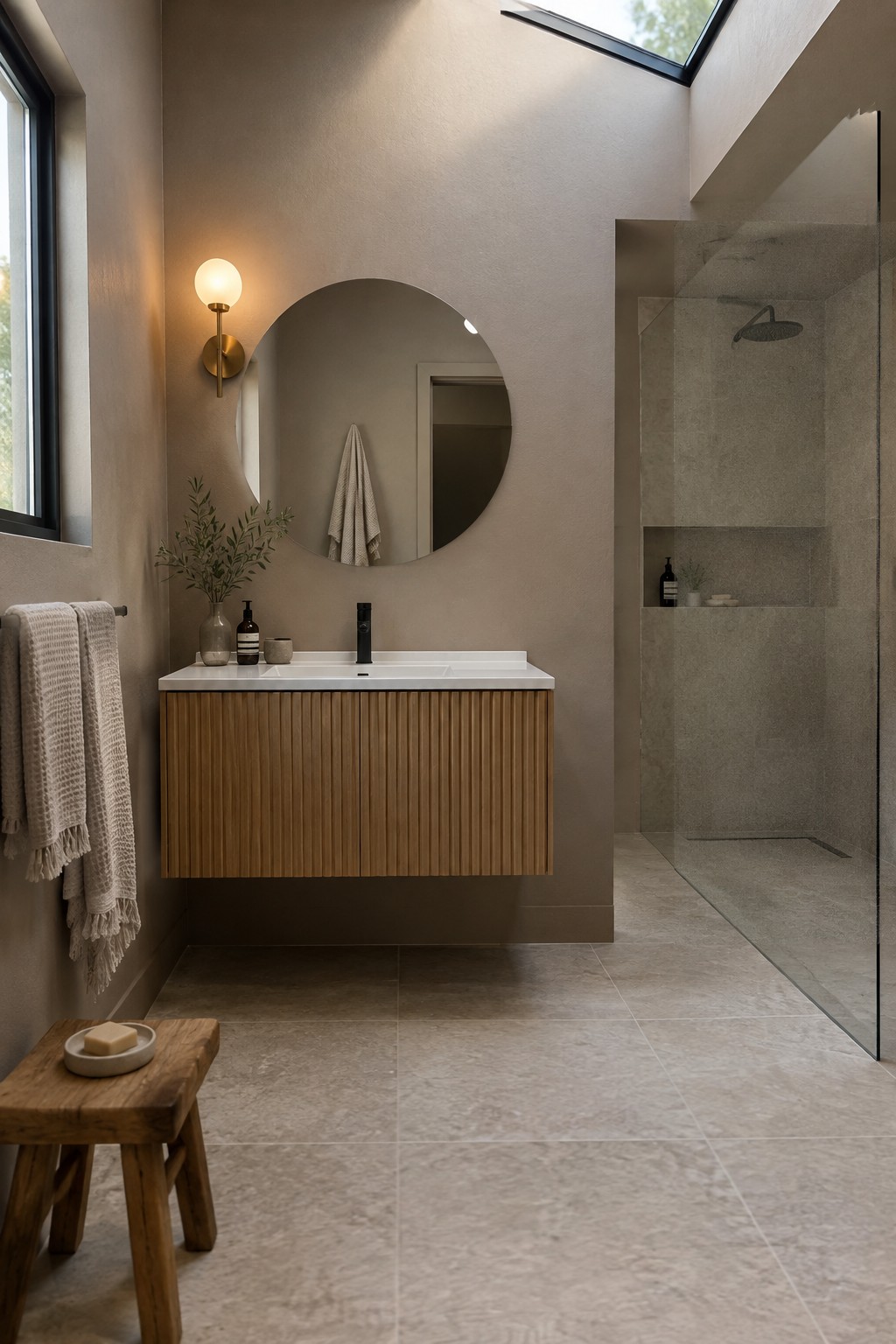 Warm taupe bathroom walls beside a walnut vanity and glass shower.