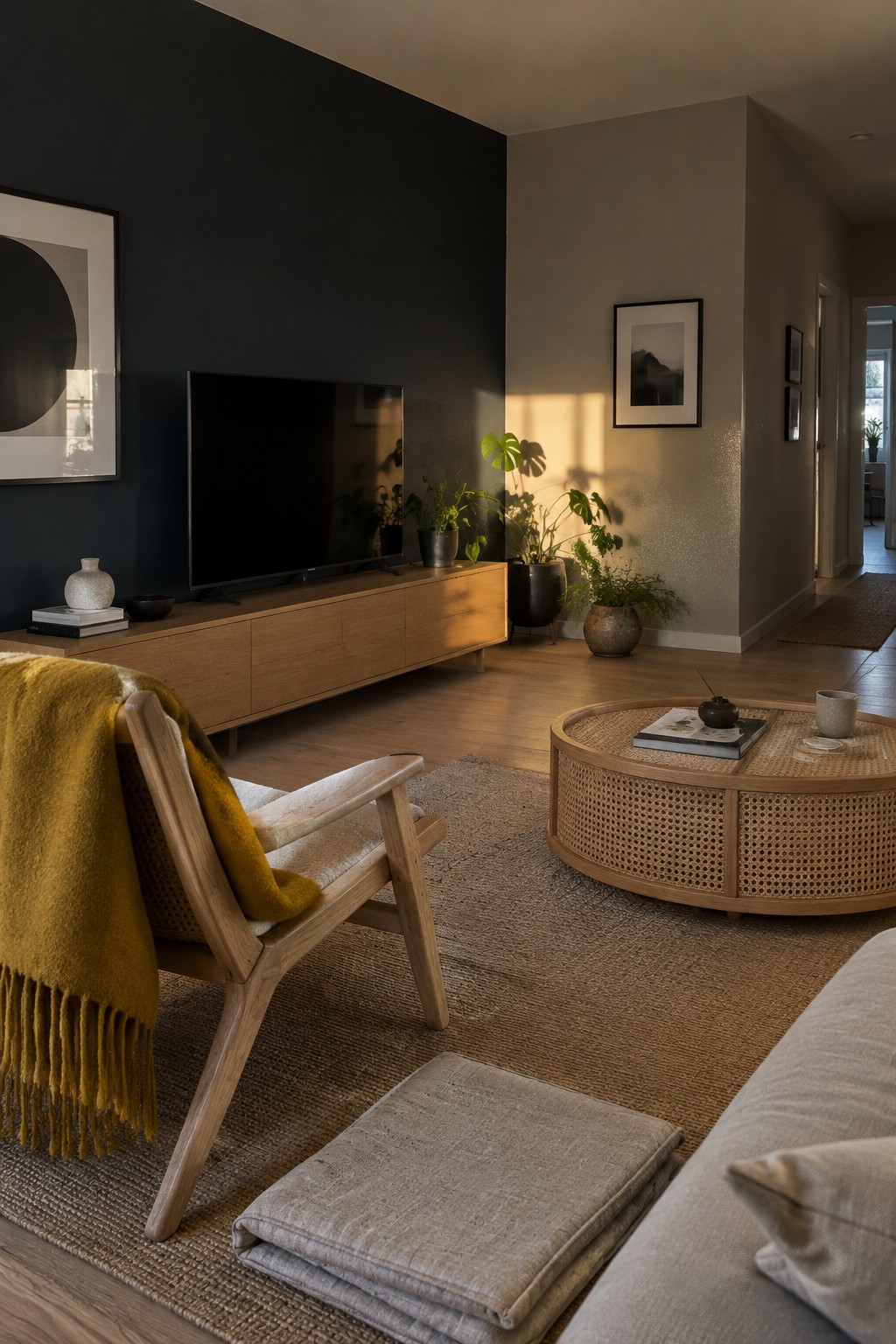 A charcoal-painted living room wall behind a television and warm oak media cabinet.