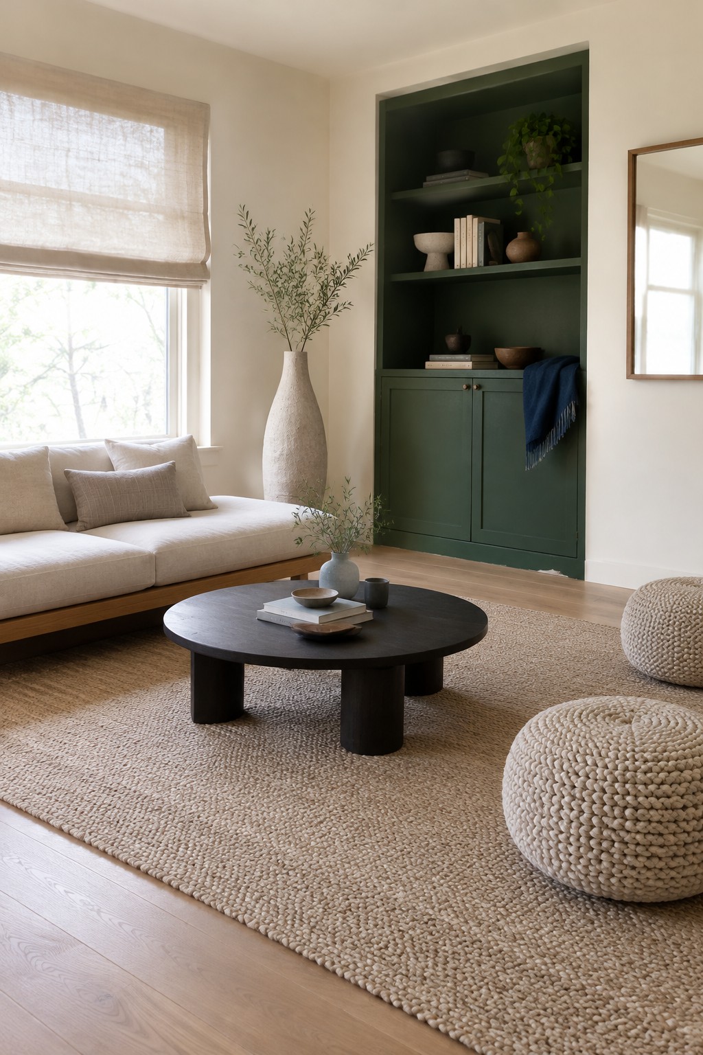 Deep green built-in shelves and cabinets in a cream-walled living room.