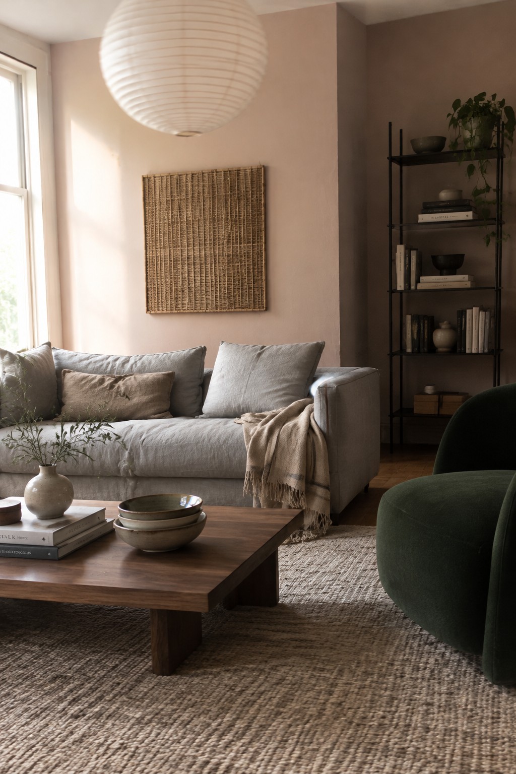 Warm beige living room walls with a woven wall hanging and natural wood accents.