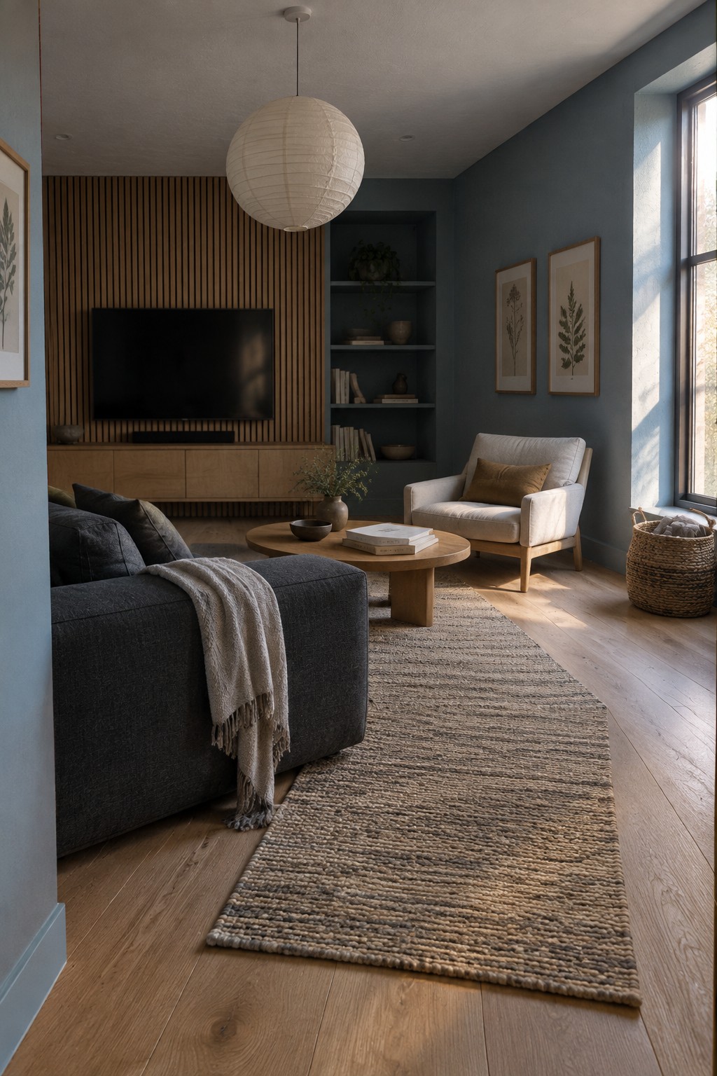 Muted blue-gray living room walls beside a warm oak media cabinet and wood floor. The walls look closest to a muted blue-gray, with possible matches like Benjamin Moore Boothbay Gray or Sherwin-Williams Smoky Blue. It is a calm, mid-tone color that feels cooler than the oak cabinetry but still works well with the room’s natural wood.