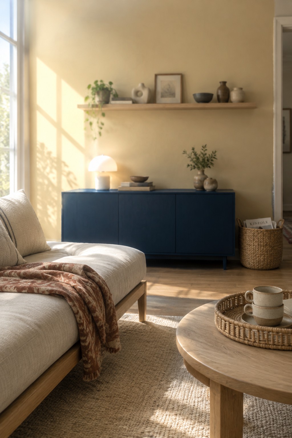 Muted ochre living room walls behind a navy sideboard.