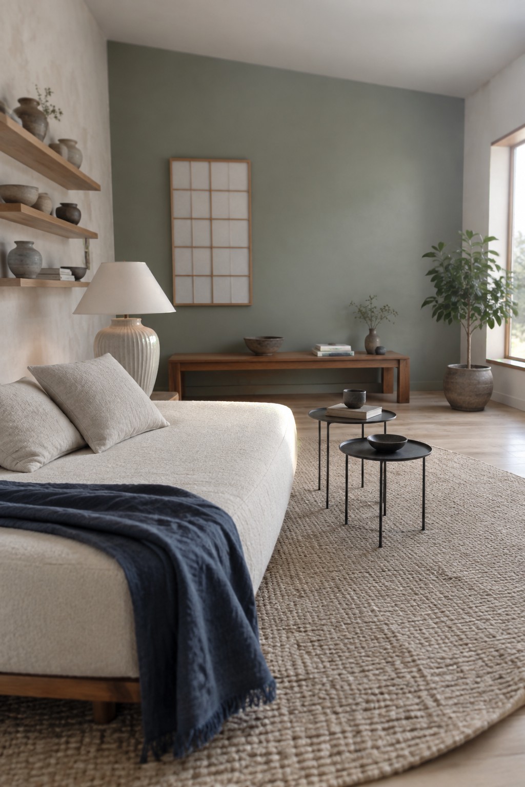 Muted sage green living room walls beside a warm wood bench.