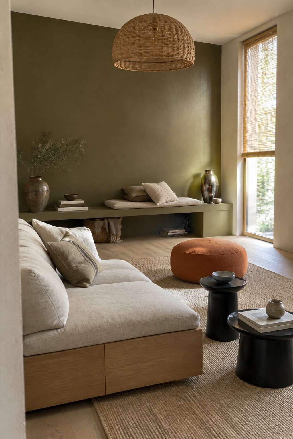 Muted olive green walls in a Japandi living room with pale oak flooring and built-in seating.