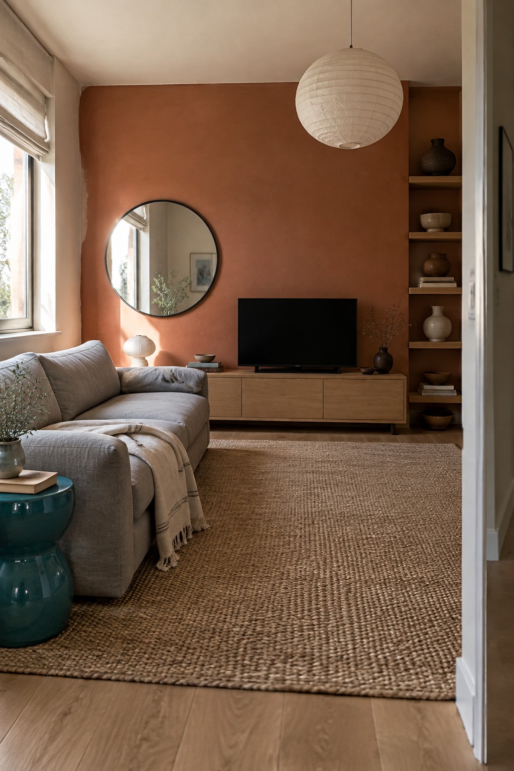 Muted terracotta walls behind warm oak built-ins in a Japandi living room.
