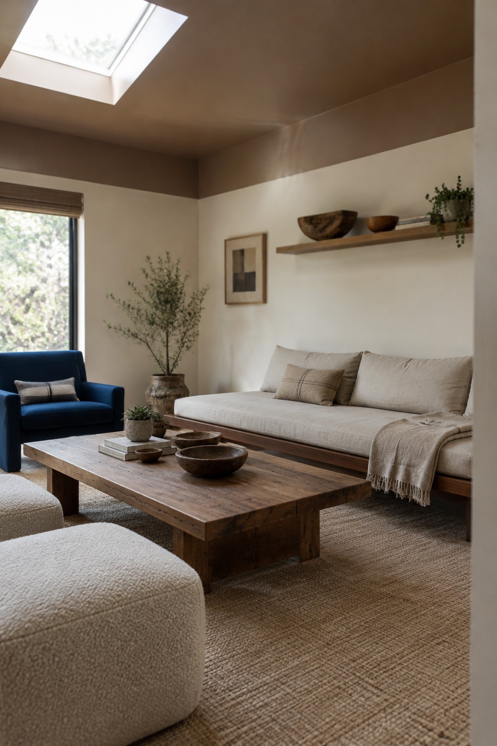 Warm taupe paint covers the walls and high ceiling of a Japandi living room.